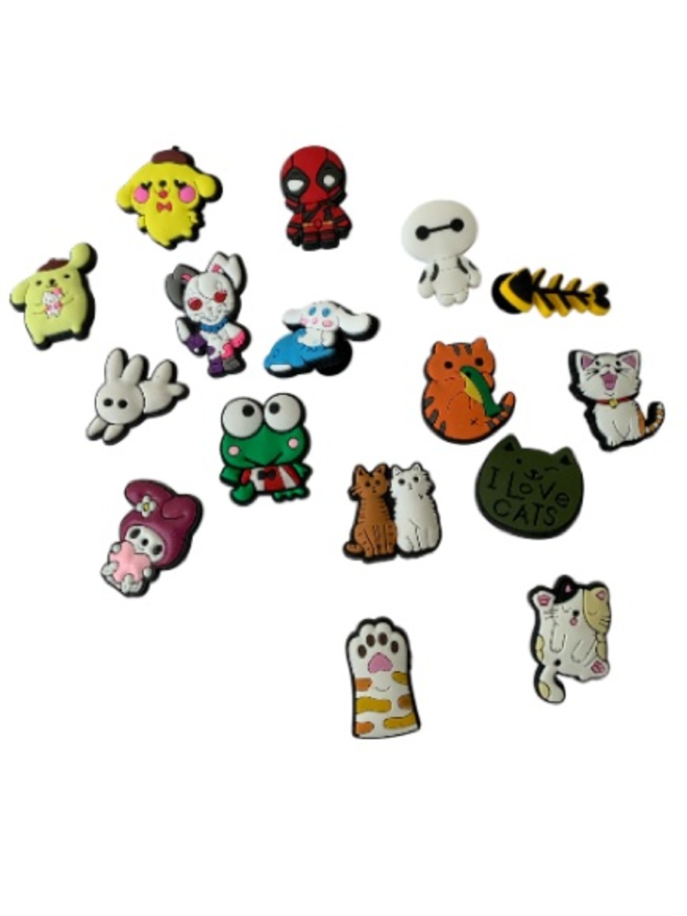 Mixed Crocs Shoe Jibbitz Charms Bundle - Sanrio, Deadpool & Cat Theme (16 Pcs)